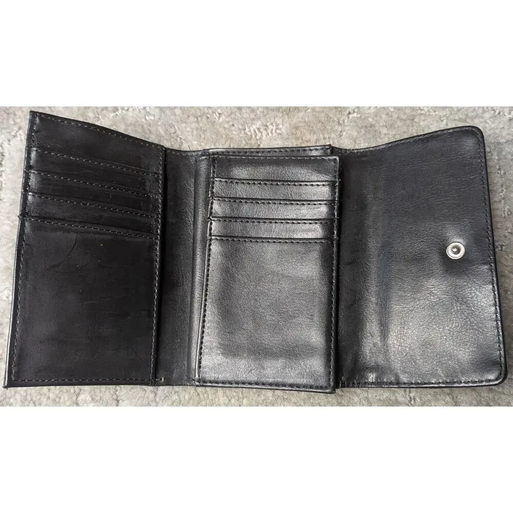 Wilsons Black Leather Trifold Wallet WOMENS SMALL buckle white stitch minimalist